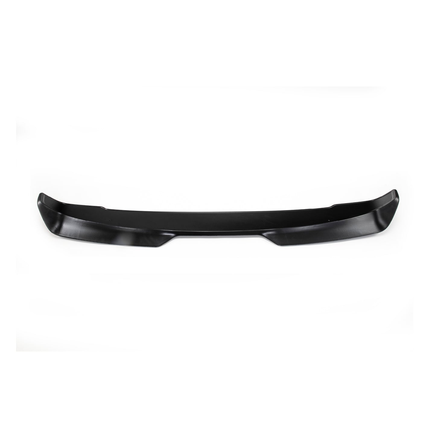 A sleek, black front splitter for a car, featuring smooth lines and edges, designed to enhance aerodynamics and style.