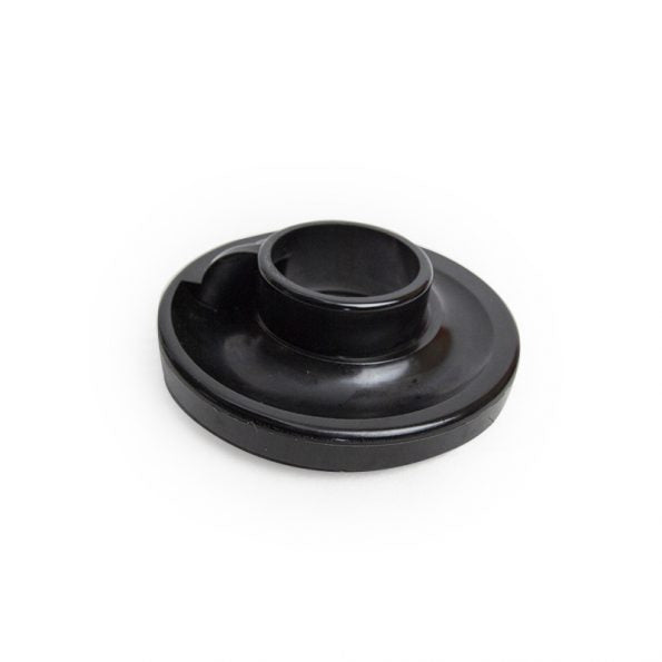 A round black rubber gasket with a central hole and an angled lip, designed for sealing or fitting applications.