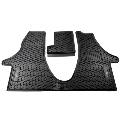 Black rubber car floor mats with a textured honeycomb pattern, designed for protection and easy cleaning.