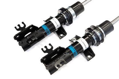 Two automotive shock absorbers with black and blue accents, mounted on brackets, showcasing their sleek design and engineering.